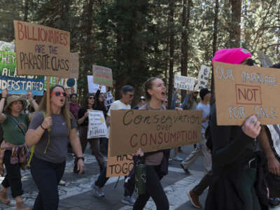 People demonstrate during a protest against federal employee layoffs at Yosemite National Park, California, on March 1, 2025.