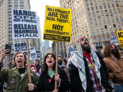 Hundreds protest the arrest and detention of Mahmoud Khalil outside a New York court on March 12, 2025, in New York City.