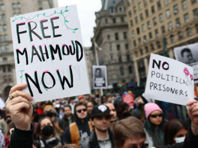 People gather outside of a New York court to protest the arrest and detention of Mahmoud Khalil at Foley Square on March 12, 2025, in New York City.