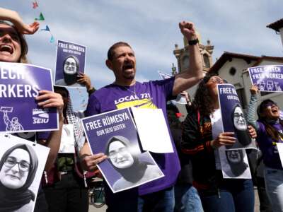 A little over 50 protesters with the Service Employees International Union (SEIU), Coalition for Human Immigrant Rights of Los Angeles and community members rally to denounce the Trump administration's recent attacks on free speech and immigrant rights including the arrest of Rümeysa Öztürk, at Placita Olverain in downtown Los Angeles, on April 1, 2025.