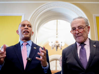 House Minority Leader Hakeem Jeffries, accompanied by Senate Minority Leader Chuck Schumer, speaks following a Democratic leadership meeting at the U.S. Capitol on April 8, 2025, in Washington, D.C.