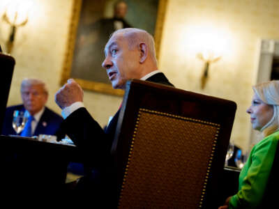 Israeli Prime Minister Benjamin Netanyahu speaks during a dinner in the Blue Room of the White House on July 7, 2025, in Washington, D.C.