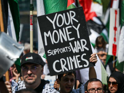 Demonstrators gather for the "Gaza Is Hungry, Stand Up for Humanity" emergency rally, on July 20, 2025, in Edmonton, Alberta, Canada.