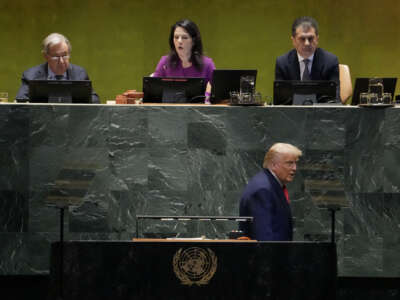President Donald Trump departs after delivering remarks to the United Nations General Assembly at the UN headquarters in New York City on September 23, 2025.