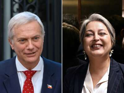 This combination of pictures taken in Santiago created on November 11, 2025, shows Chile's presidential candidates José Antonio Kast on October 29, 2025, and Jeannette Jara Román on October 15, 2025.