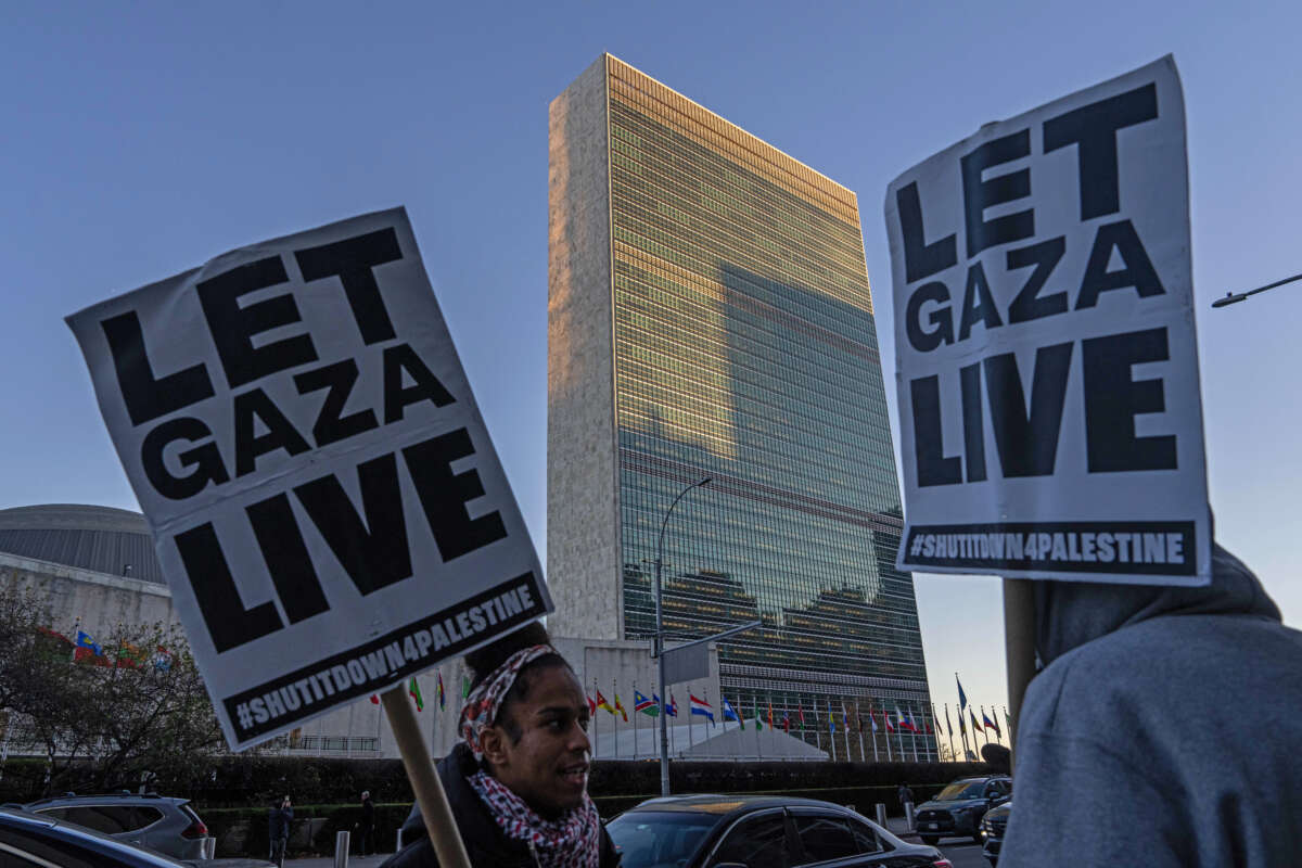 Pro-Palestinian demonstrators gather outside the United Nations headquarters on November 17, 2025, in New York City, New York.