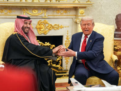 President Donald Trump hosts Saudi Crown Prince Mohammed bin Salman on November 18, 2025, in the Oval Office at the White House in Washington, D.C.