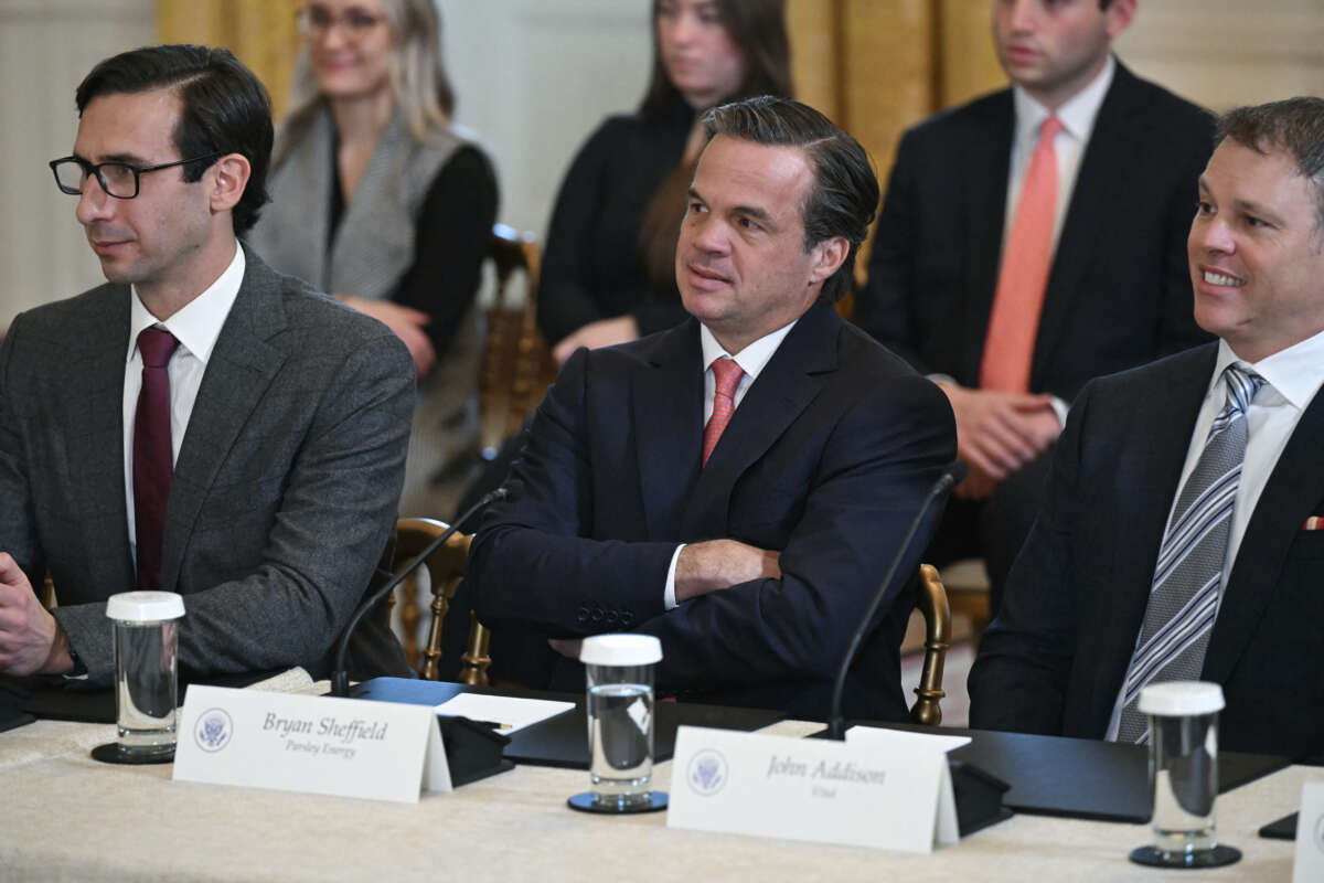 (L/R) Raisa Energy CEO Luis Rodriguez, Bryan Sheffield of Formentera Partners and Vitol executive John Addison look on as U.S. President Donald Trump hosts a meeting with U.S. oil company executives in the East Room of the White House in Washington, D.C., on January 9, 2026.