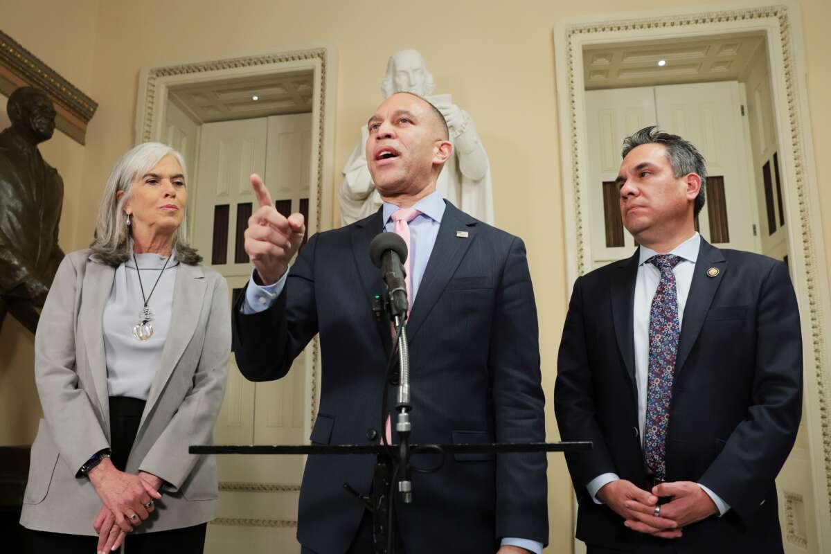 House Minority Leader Hakeem Jeffries speaks alongside Rep. Pete Aguilar and Rep. Katherine Clark during a news conference after a vote on health care subsidies, on January 8, 2026, in Washington, D.C.