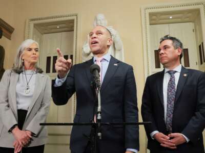 House Minority Leader Hakeem Jeffries speaks alongside Rep. Pete Aguilar and Rep. Katherine Clark during a news conference after a vote on health care subsidies, on January 8, 2026, in Washington, D.C.