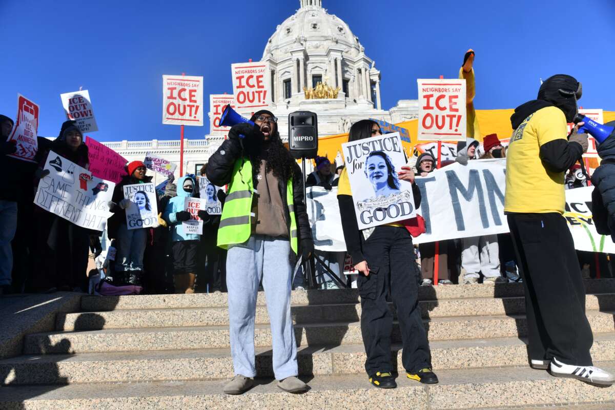 High school students gather for an anti-ICE protest outside the State Capitol in St. Paul, Minnesota, to call for an end to federal immigration detentions and enforcement actions on January 14, 2026.