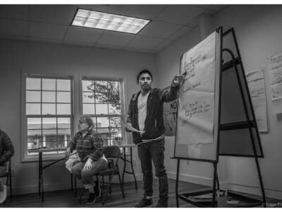 Alfredo Lelo Juarez speaks to farmworkers about the H-2A guest worker program.