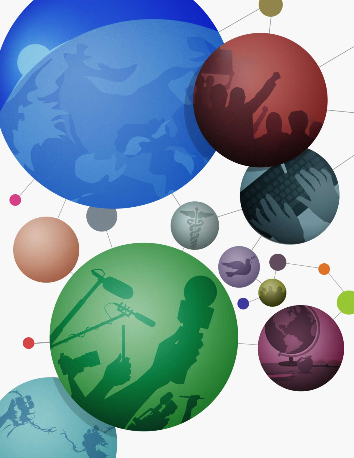 An illustration of interconnected spheres each containing an image representing various topics such as health, media, journalism and the environment.